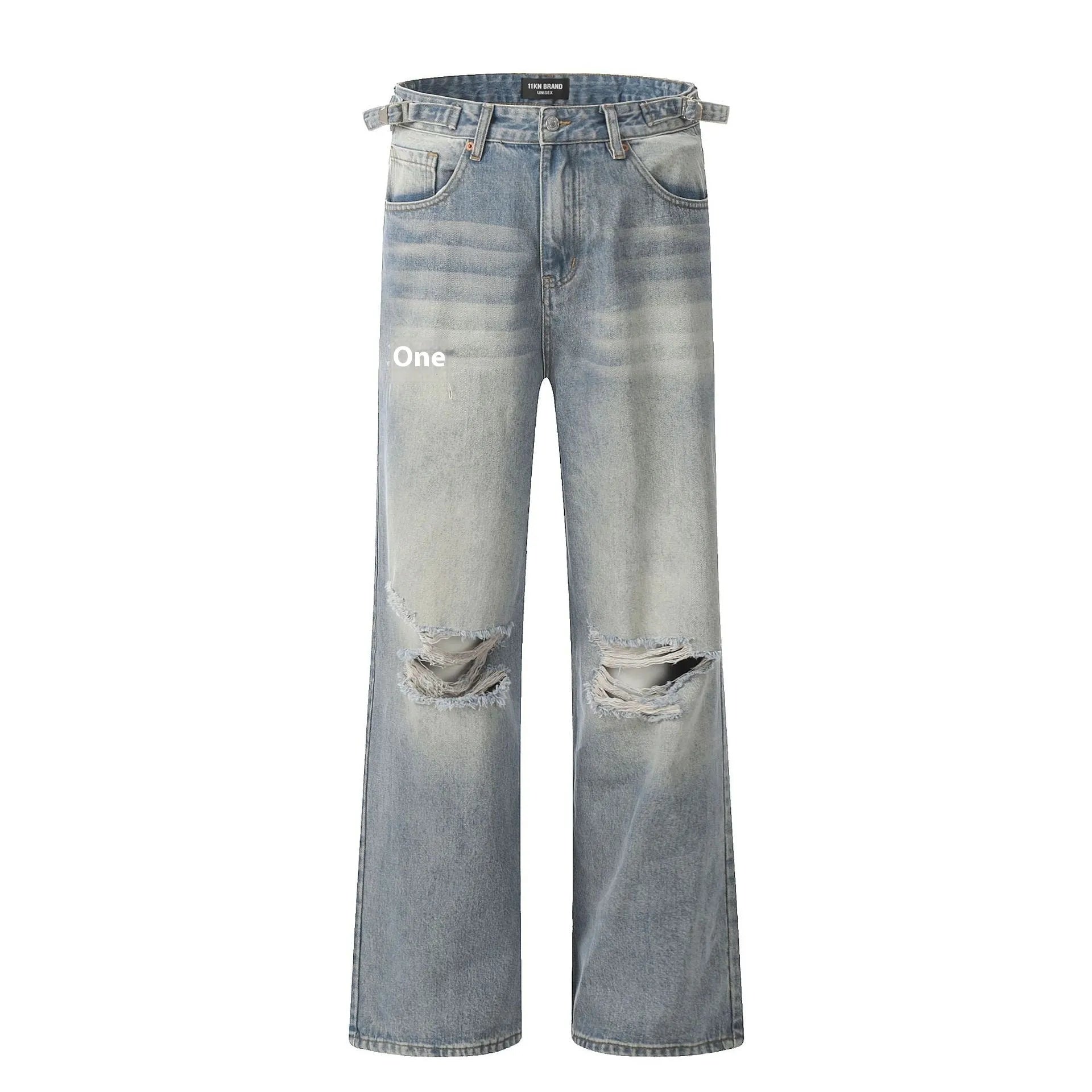 Blue men's straight-leg ripped jeans on a neutral background, showing the cotton blend fabric and zipper fly detail.