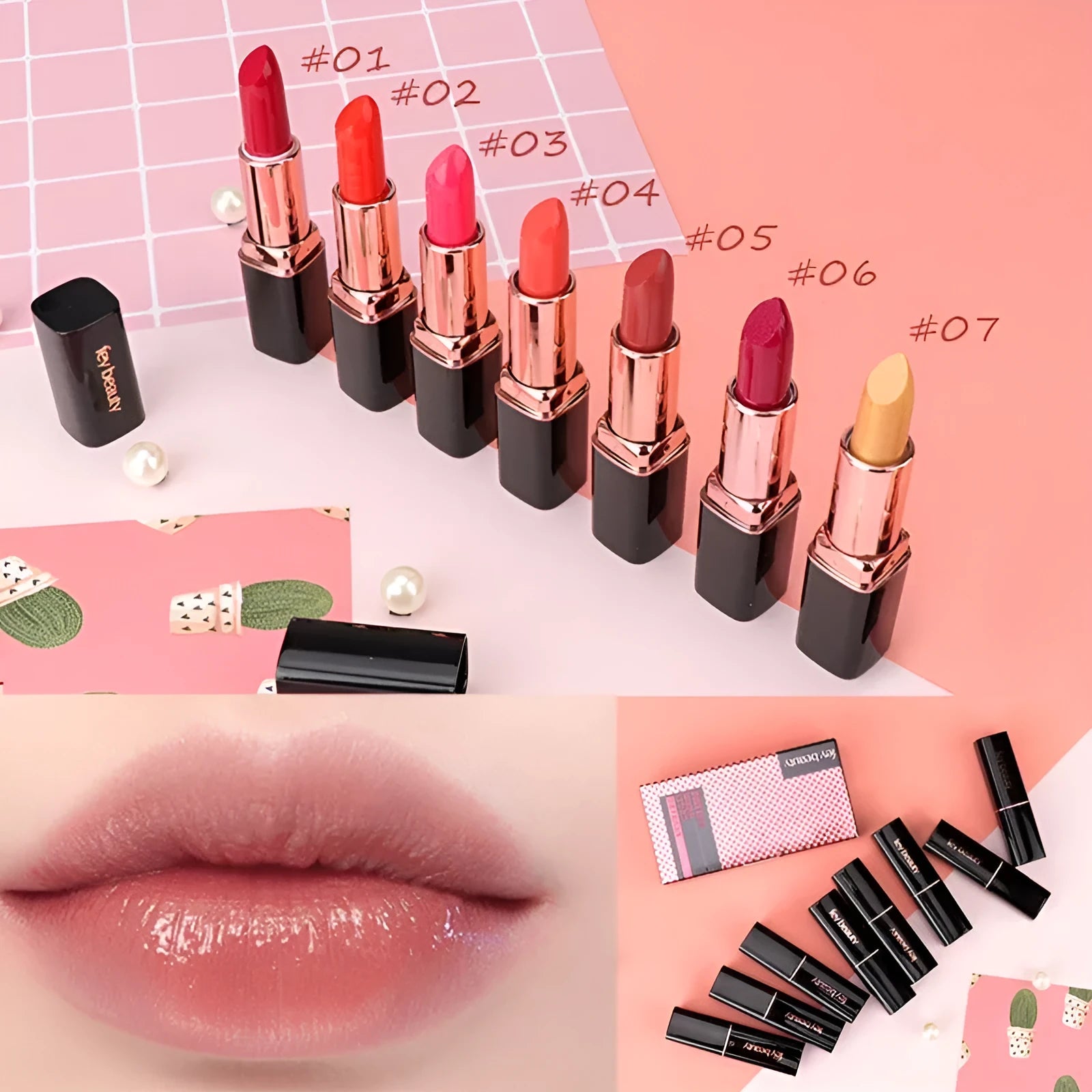 Fey Beauty Cameo Brown Nude Lipstick bullet and packaging showing non-staining, moisturising formula.