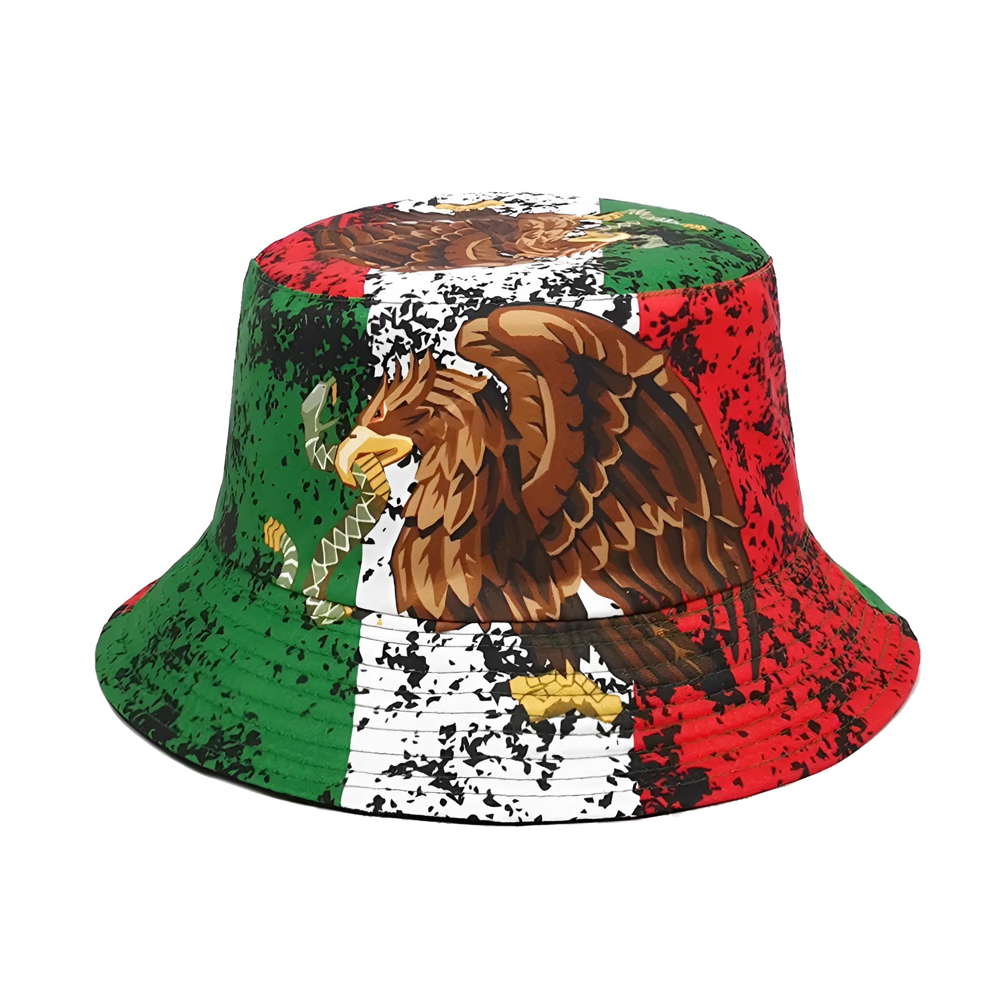 Retro-style polyester bucket hat featuring a large eagle pattern print on the crown.