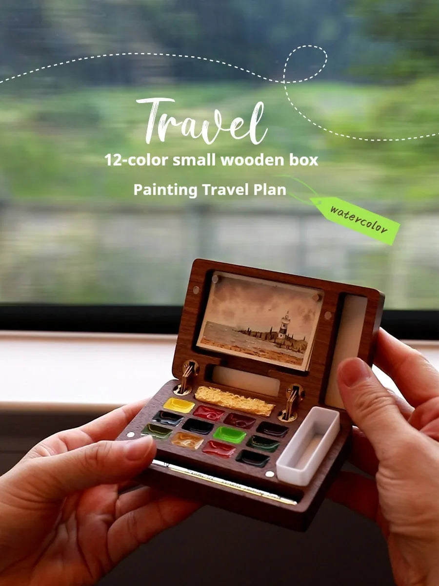 Mini walnut watercolour paint box with wooden case showing four design variants for pigment storage