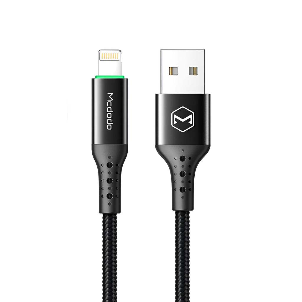 Black Apple USB charging cable with single-head connector, 1.2m length, on white background