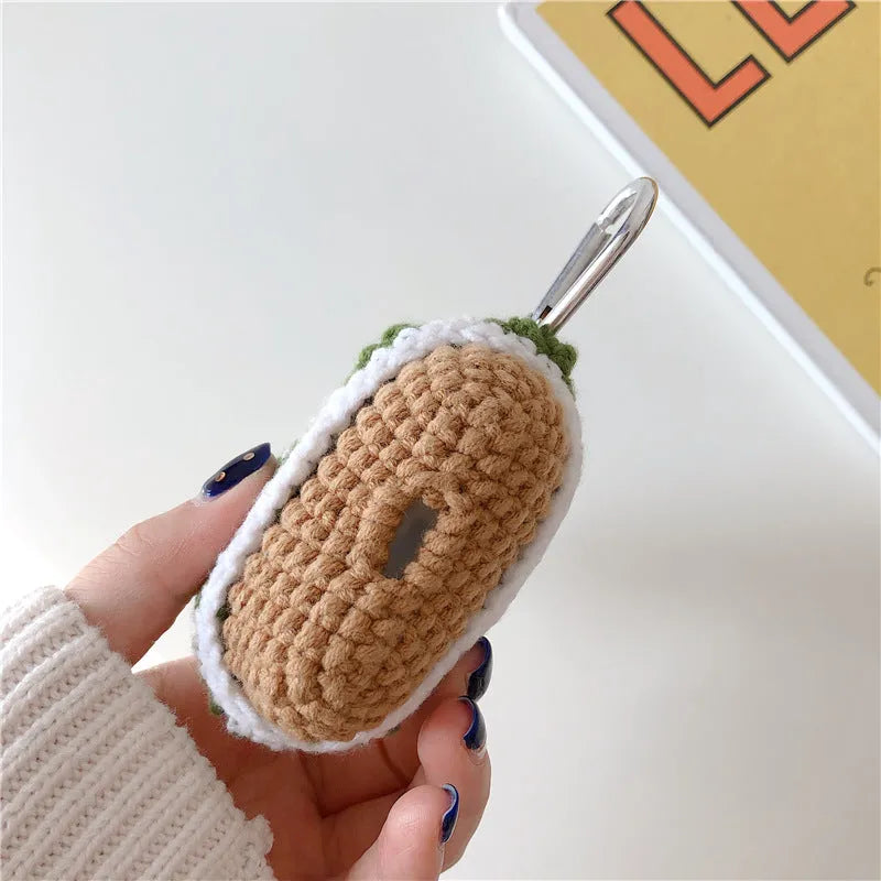 Green knitted Christmas tree flip-style headset case compatible with Apple AirPods models with hook