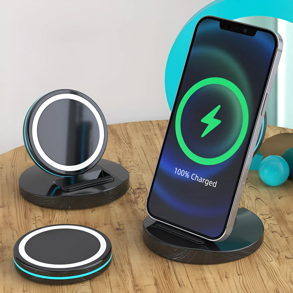 Folding wireless charging stand with magnetic MagSafe compatibility for iPhone 12 devices