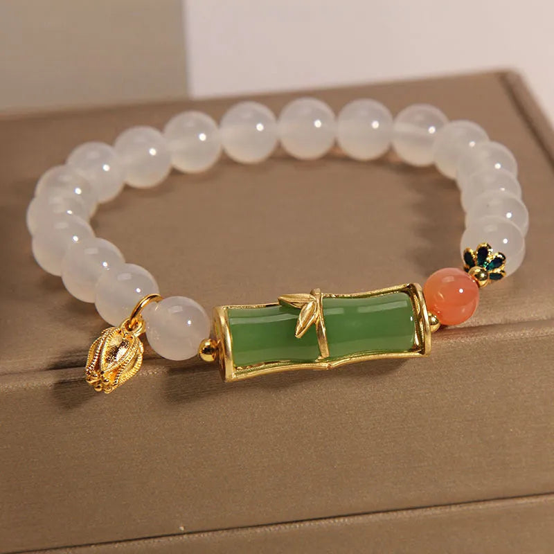 Women's white agate and jade bamboo joint bracelet with natural stone finish