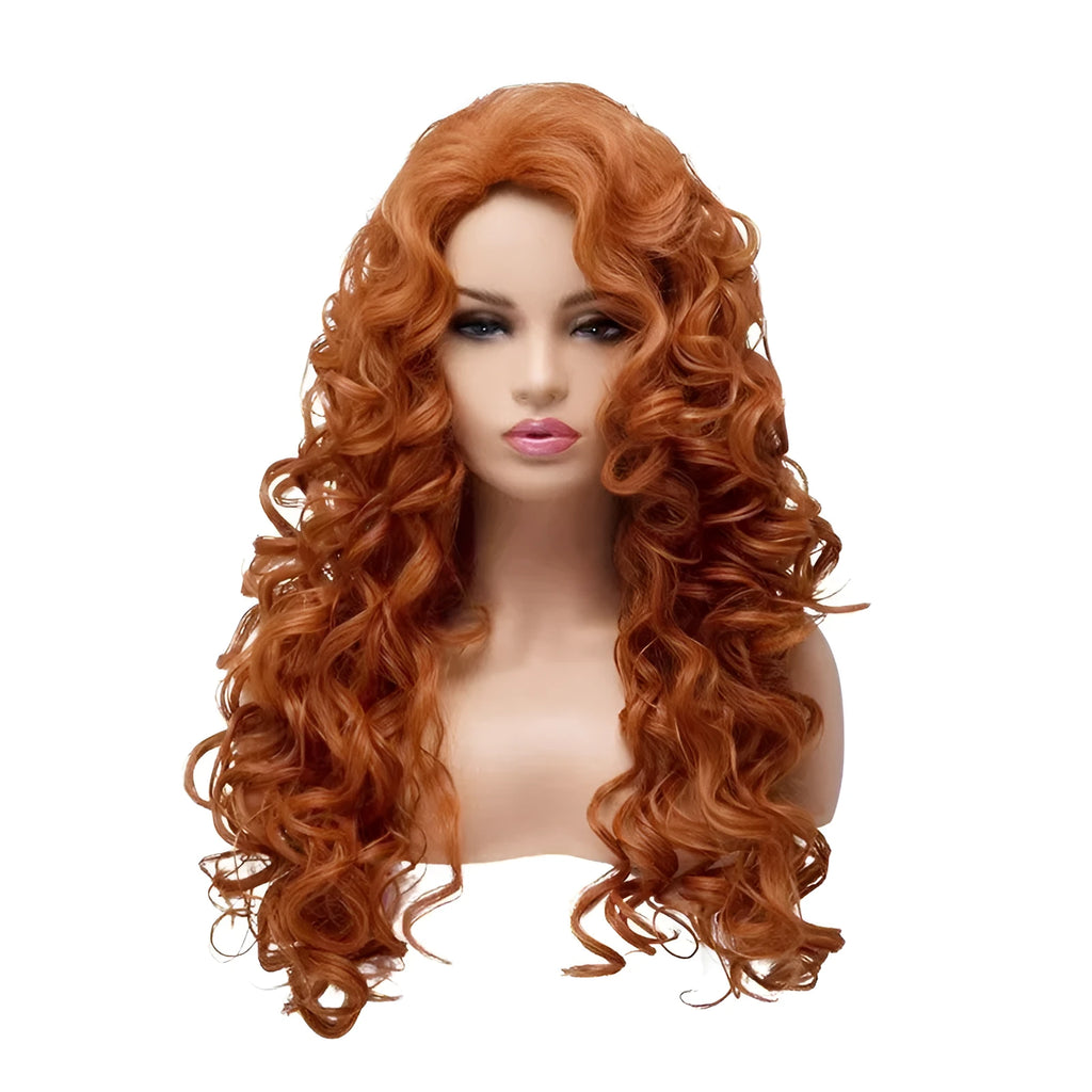 Brown long wavy curly costume wig with fluffy texture on a wig head