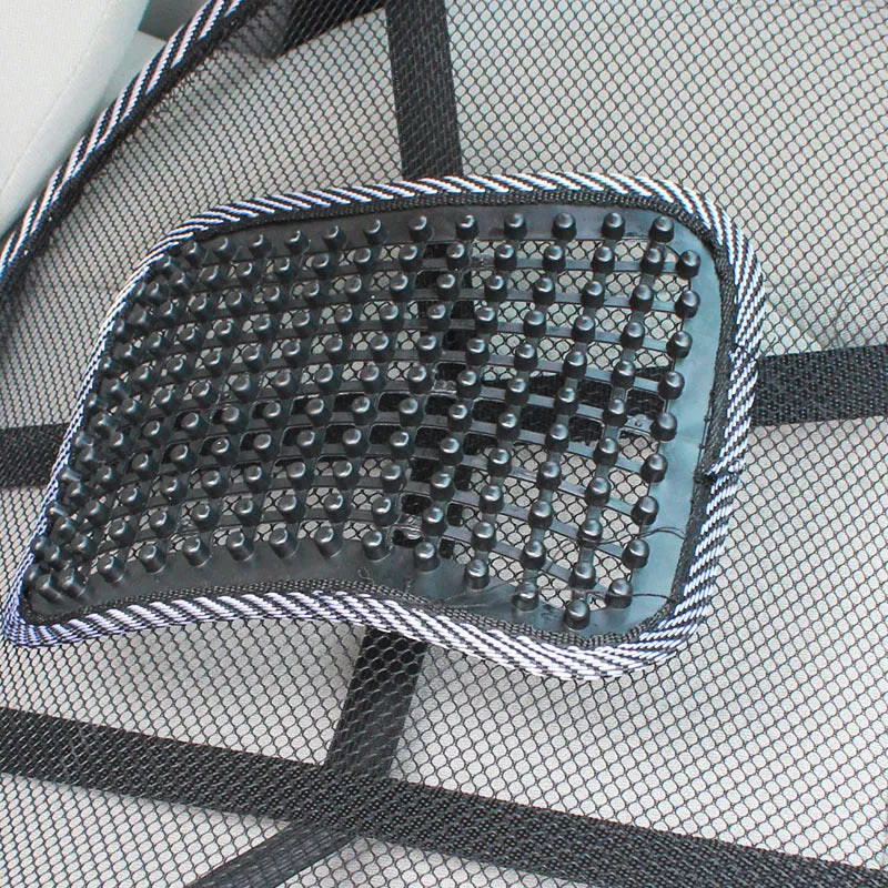 Black car lumbar support pillow showing polypropylene fibre mesh construction and 41x39cm dimensions