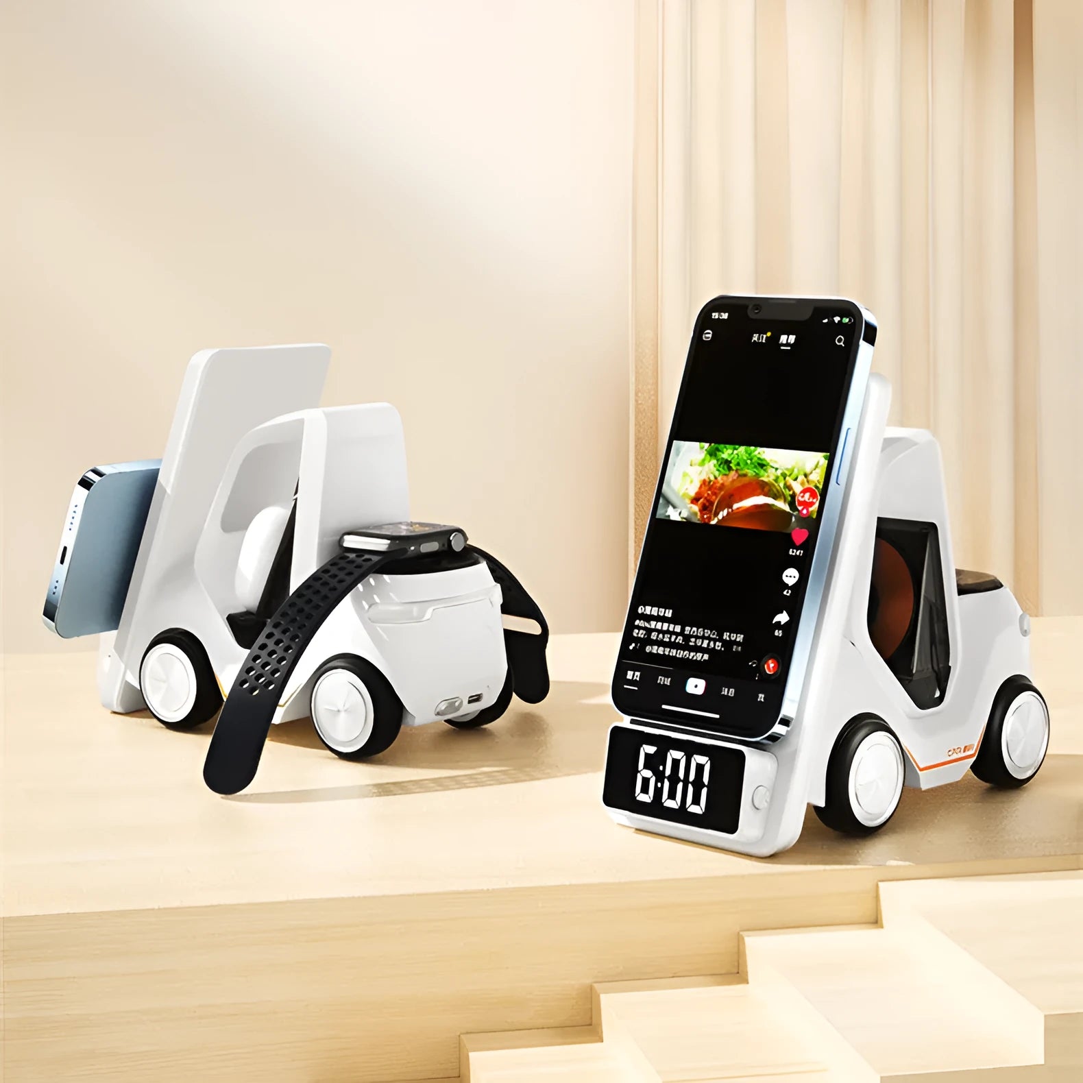 15W three-in-one wireless fast charging bracket in grey, orange, white, or yellow colour