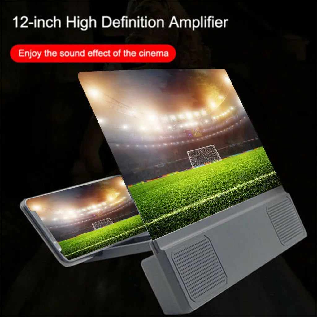12-inch foldable mobile phone screen amplifier with gooseneck stand and built-in speakers.