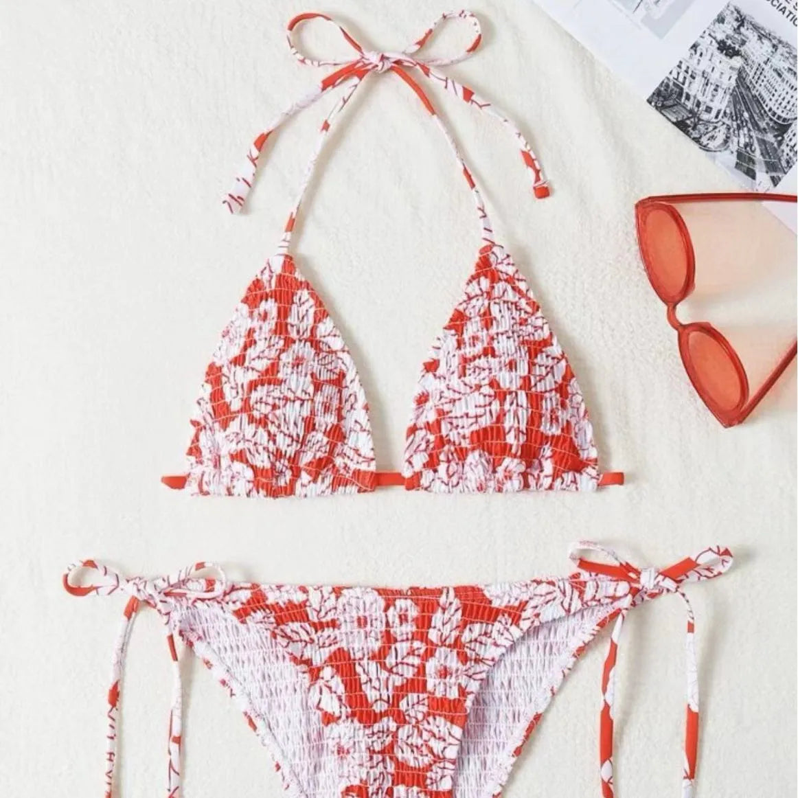Women's floral pattern halter neck swimsuit bikini set in multiple colour options