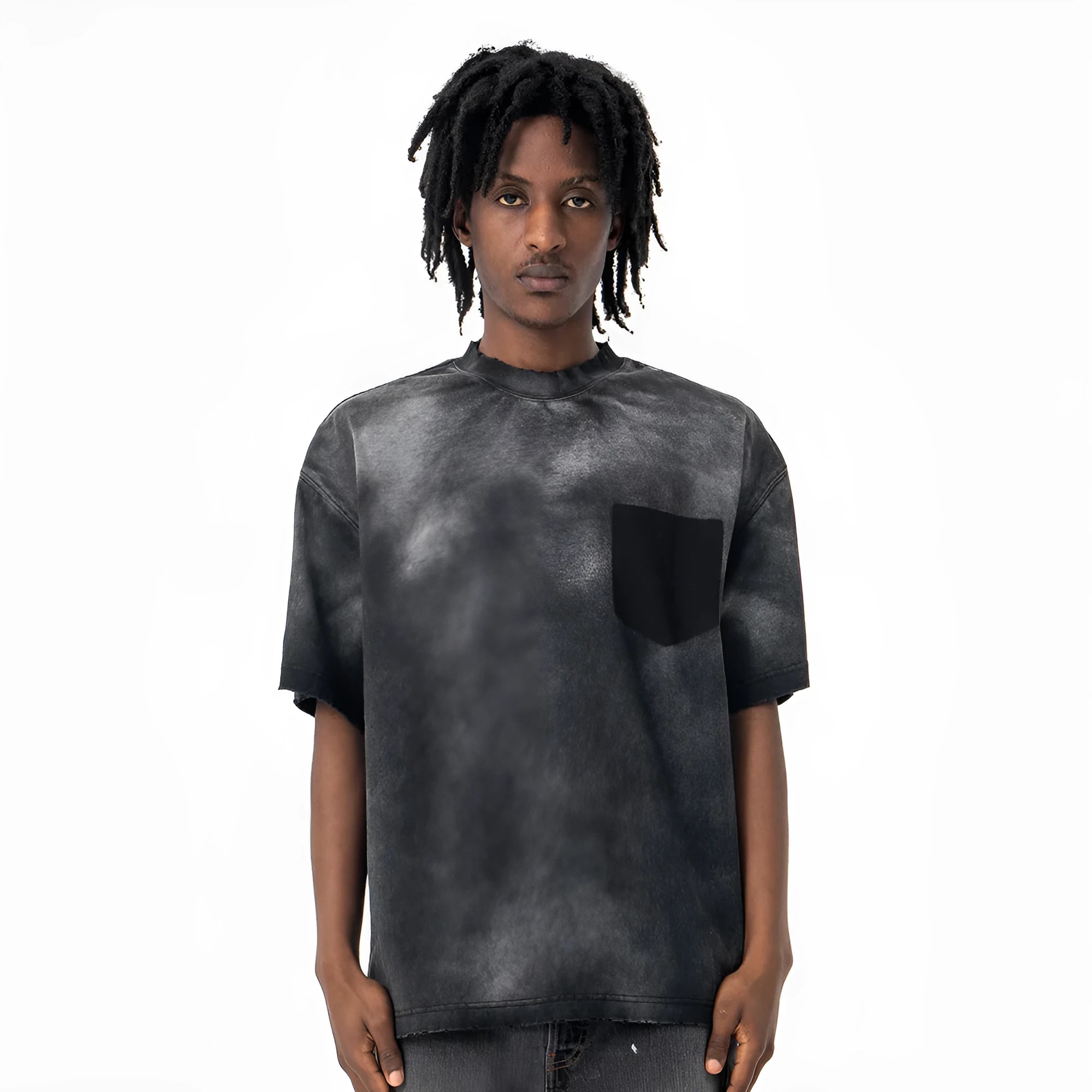 Black men's cotton t-shirt with printed letter design and loose drop-shoulder sleeves.