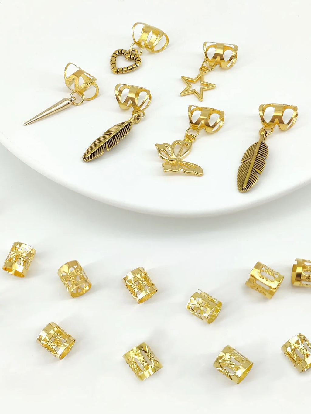 Antique style dirty braid hair rings with leaf design in electroplated gold or silver finish