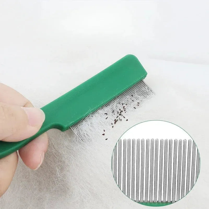 Green plastic handle flea comb with stainless steel pins for pet grooming