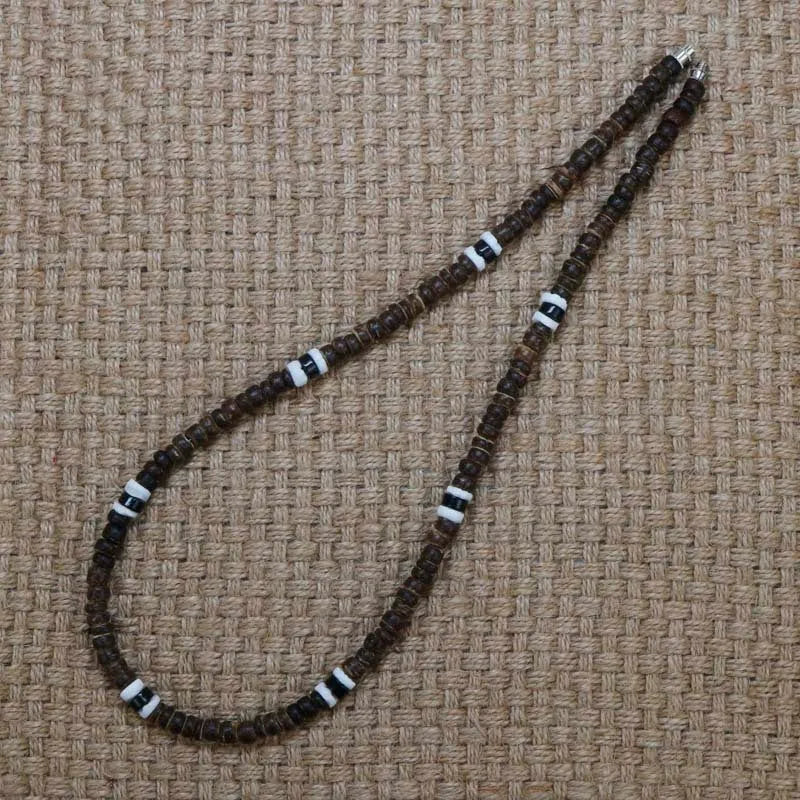 Men tribe ethnic coconut shell necklace with 5mm beads and natural stone, 46cm chain length, tribal style.