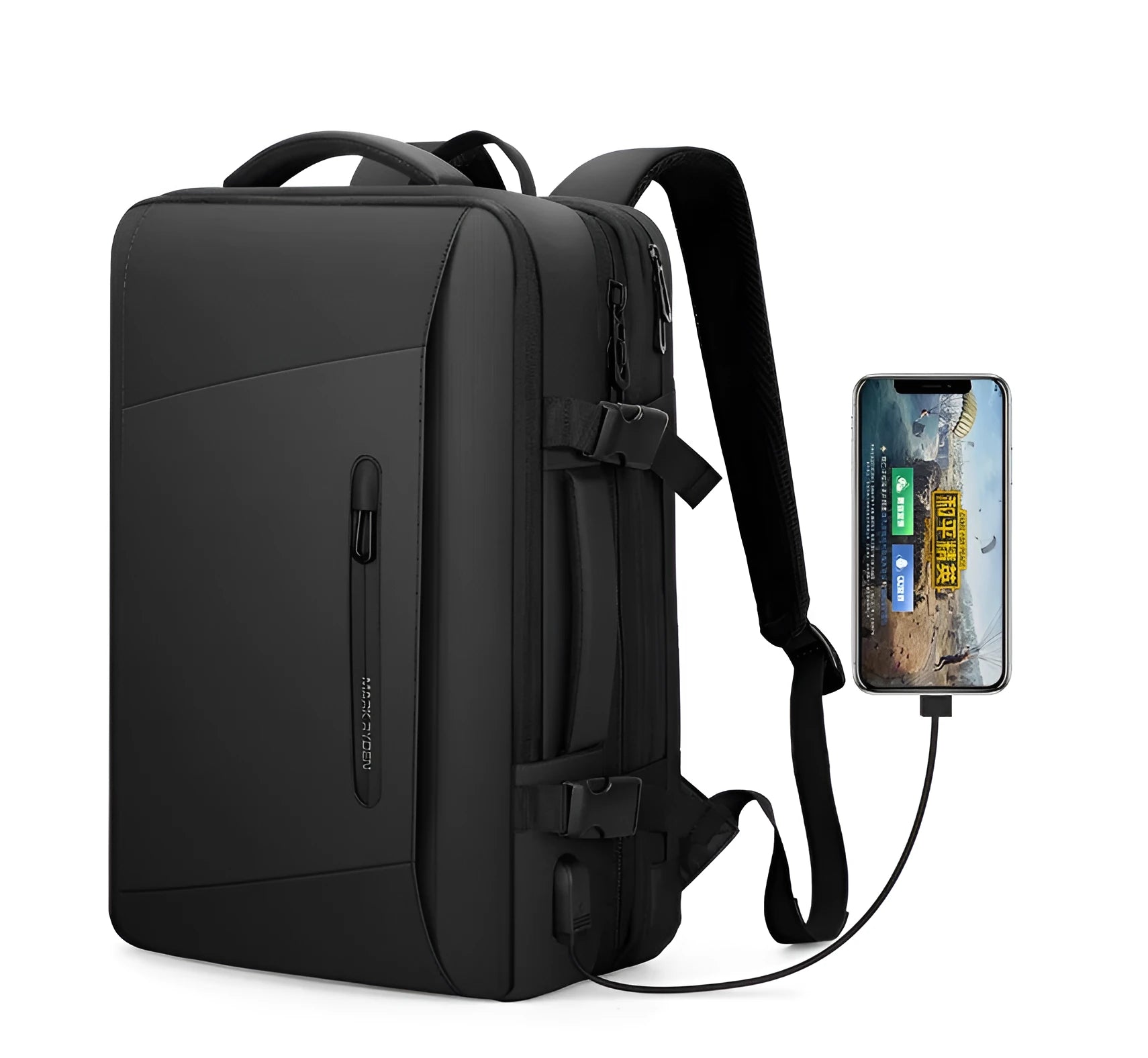 Large black men's backpack with multiple zippered pockets and 36-55 litre capacity