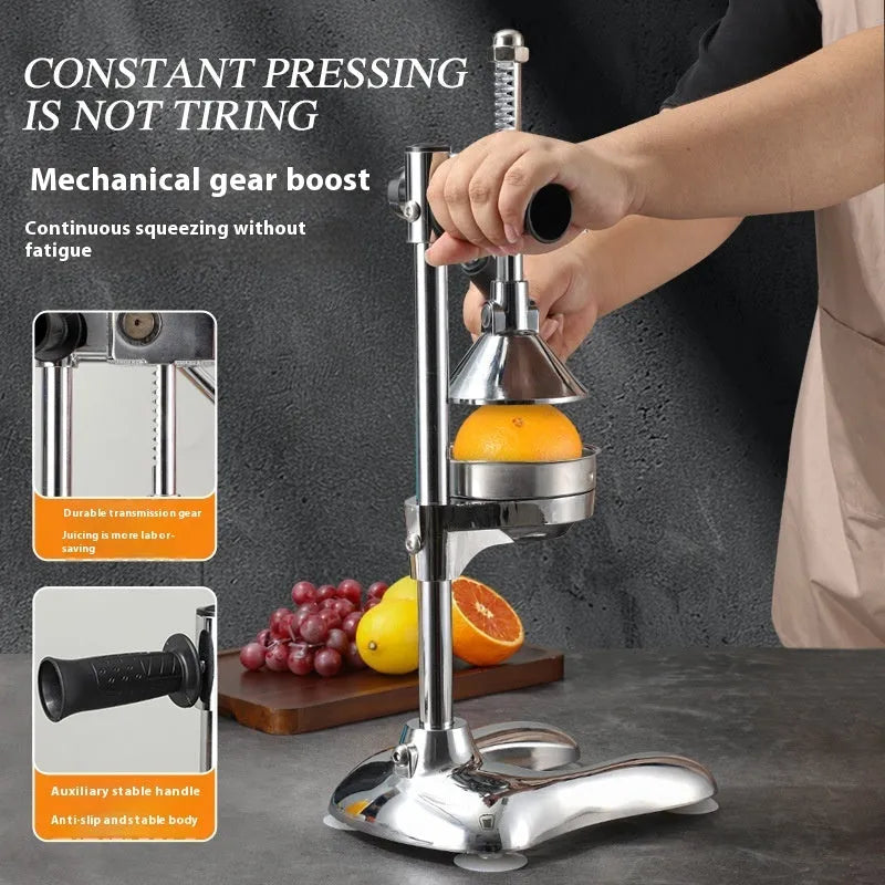 Vertical stainless steel manual citrus juicer shown in multiple colour and tip head options.