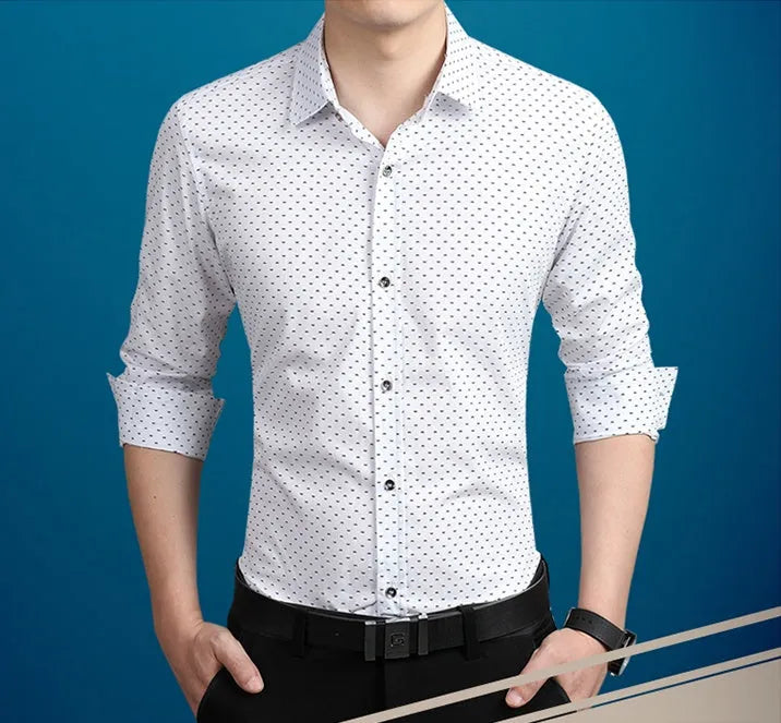 Polka dot men's dress shirt with slim fit in green colour long sleeves