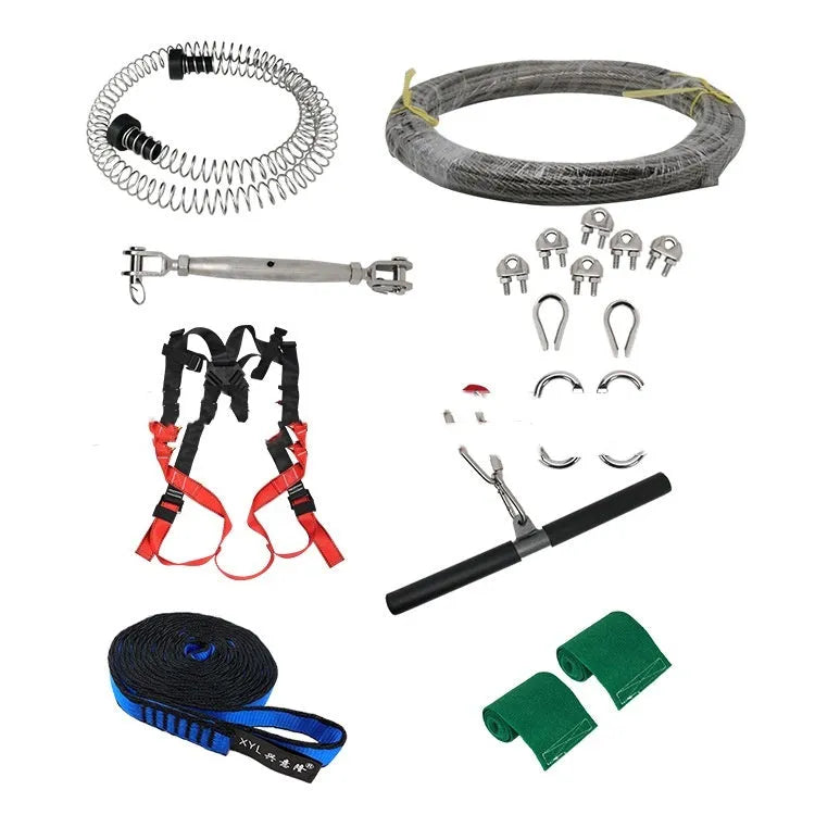 Children's 10 metre pulley rope slide kit with alloy steel pulleys, safety harness, and tree protection