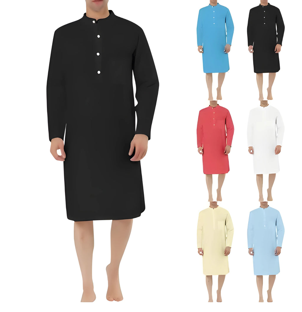 Man wearing a dark blue cotton shirt robe with a button front and chest pocket.