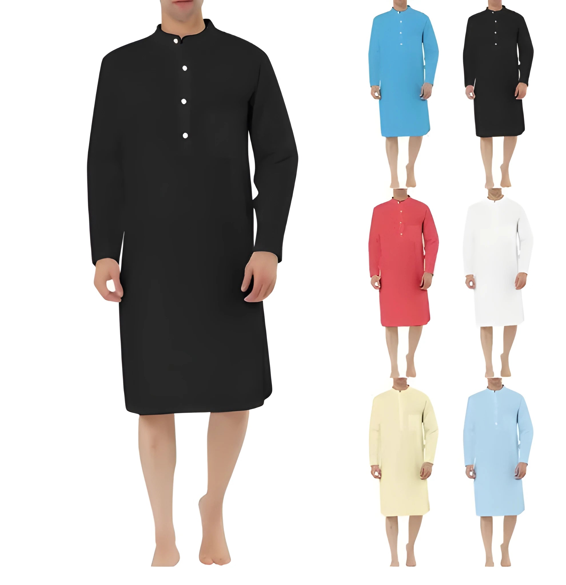 Man wearing a dark blue cotton shirt robe with a button front and chest pocket.