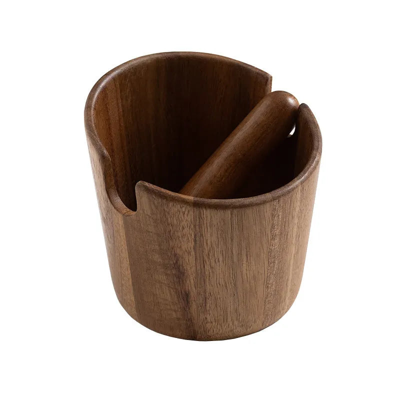 Acacia mangium wood coffee grounds storage bucket on countertop