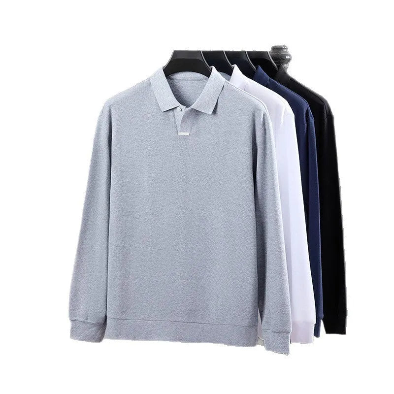 Men's loose fit cotton polo shirt with long sleeves and asymmetric lapel in multiple colours