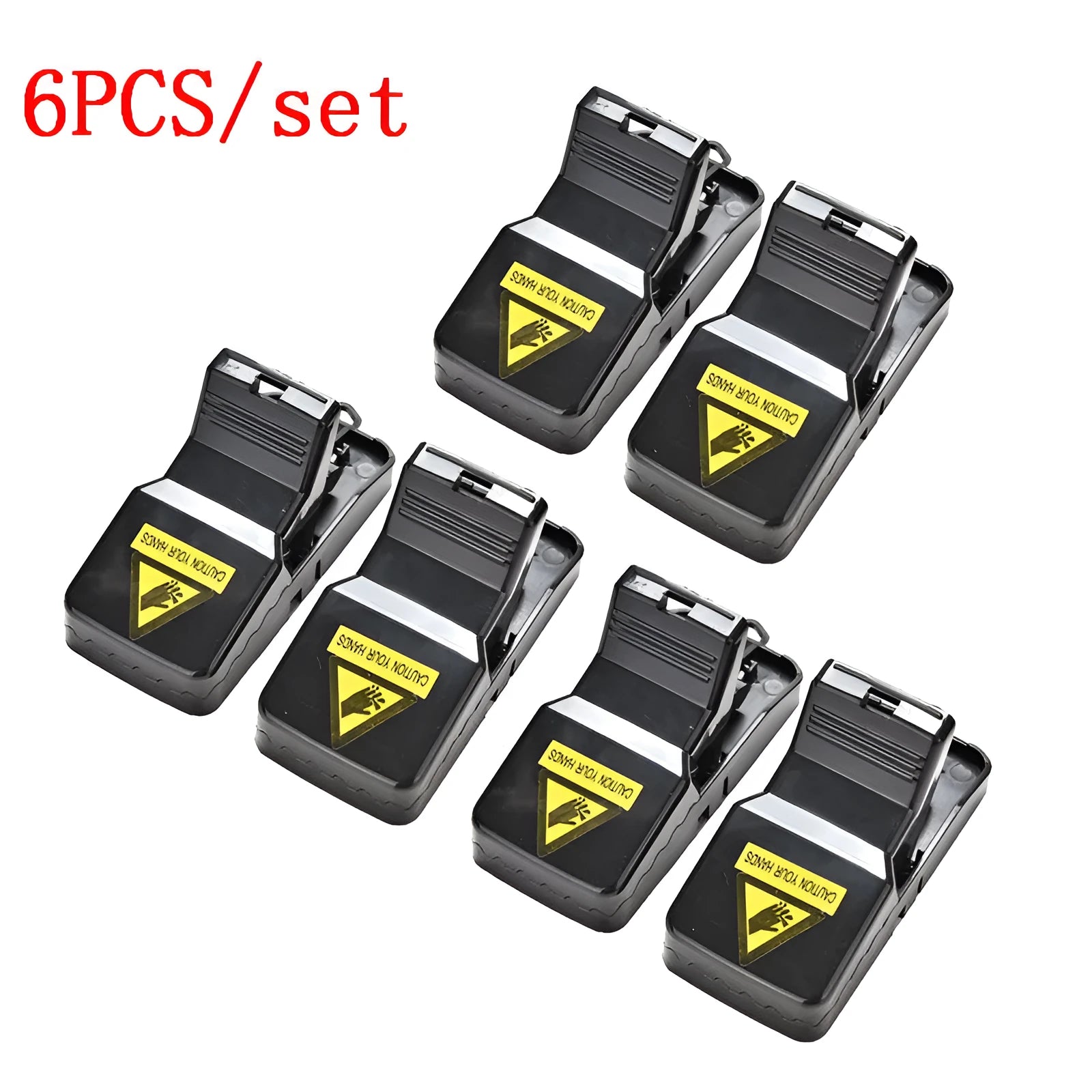 Six black plastic snapping mousetraps with set triggers on a white background.
