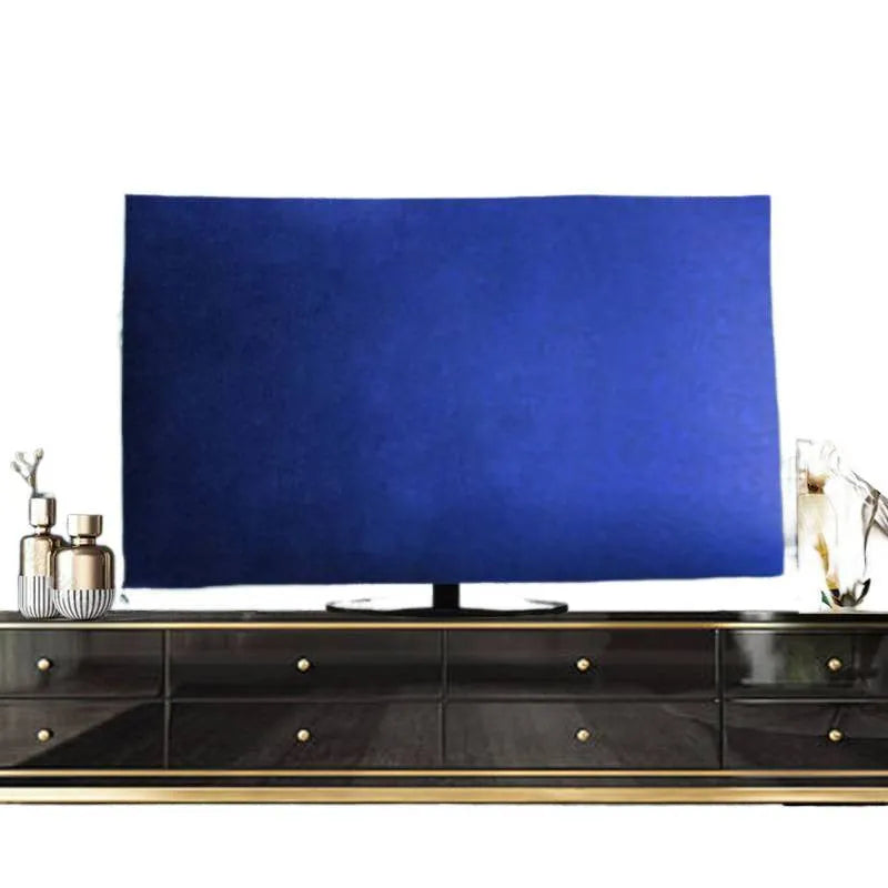Velvet fabric TV dust cover in light blue colour, shown draped over a television