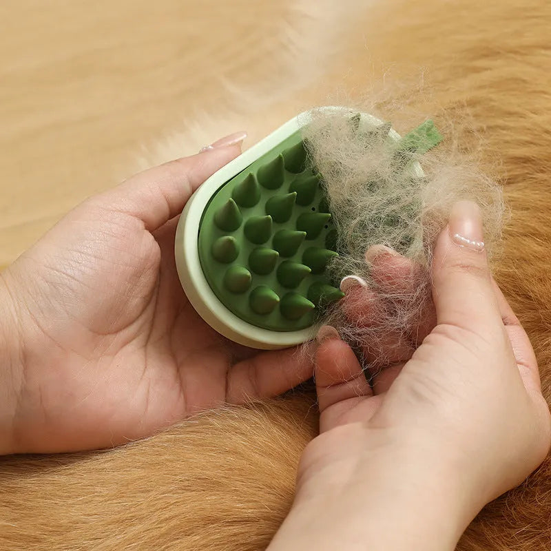 Handheld silicone pet grooming brush with TPR massage bristles in blue colour for dog and cat hair removal
