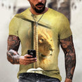 Man wearing a grey T-shirt with a detailed 3D printed Jesus pattern on the chest.