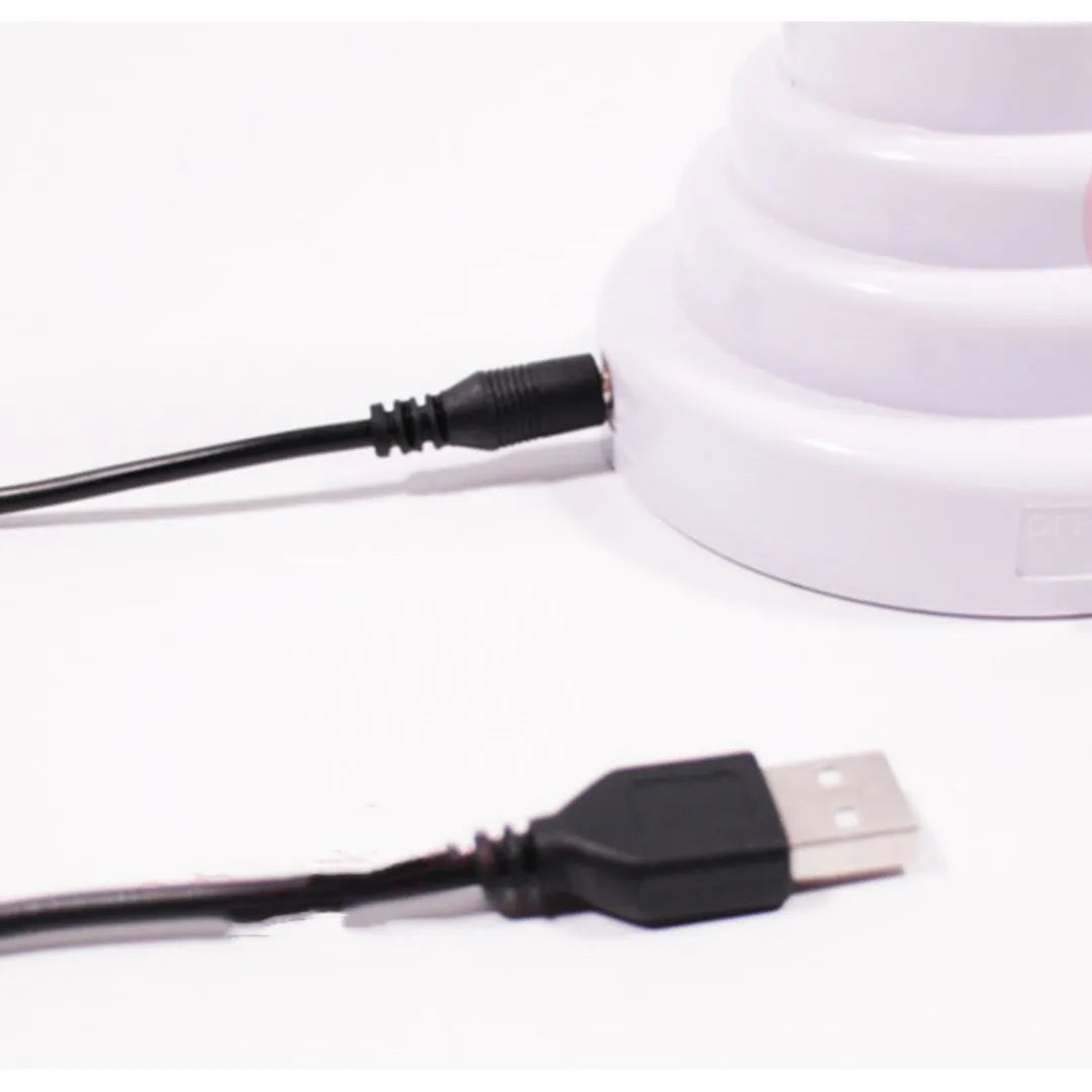 White minimalist bamboo-shaped desk lamp with green light, USB cable, shown in two size options.
