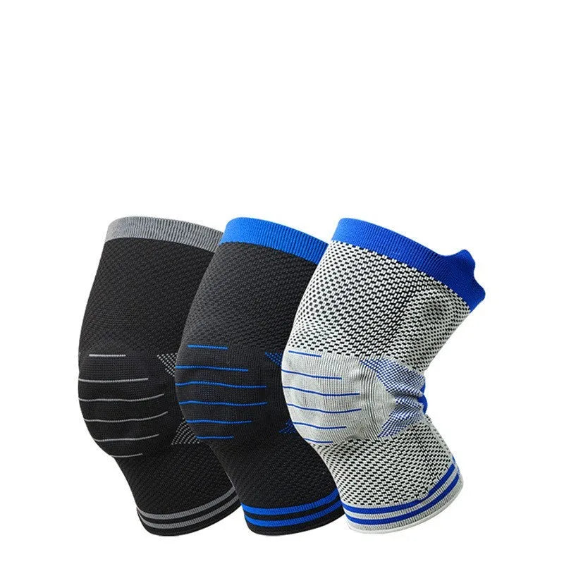 Cotton knee pad with silicone spring bar shock absorber in black and blue colour.