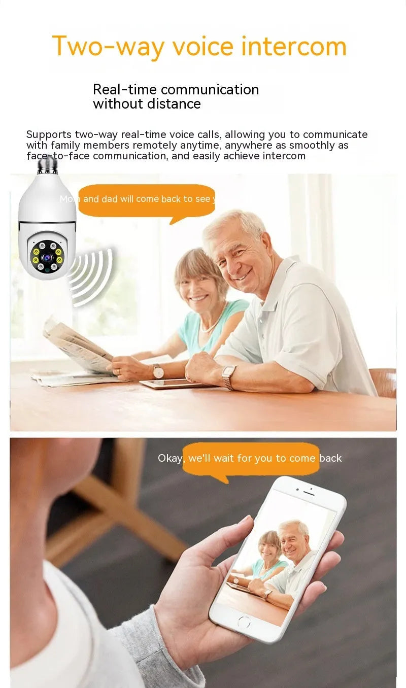 Wireless WiFi bulb security camera showing compact 5cm diameter design with plastic and metal housing