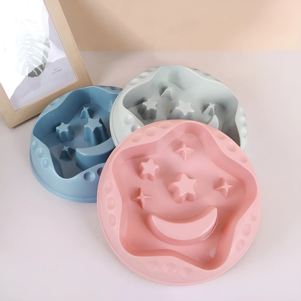 Moon star wings design pet slow food bowl with anti-slip base in multiple colours