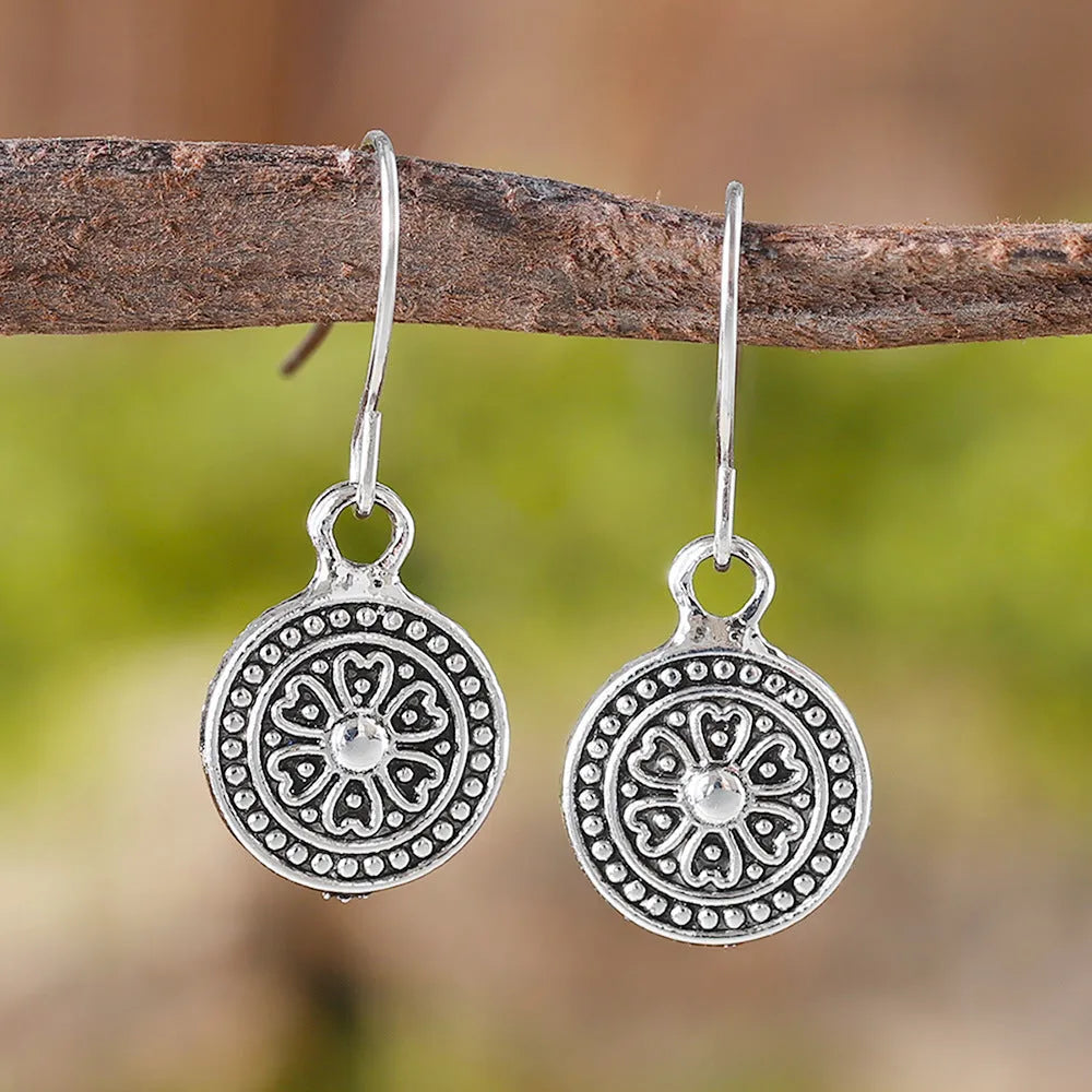 Bohemian retro distressed ethnic earrings with geometric round shape in zinc alloy