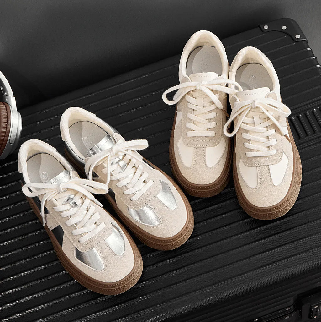 Retro round toe board shoes with cross shoulder straps in milky white colour.