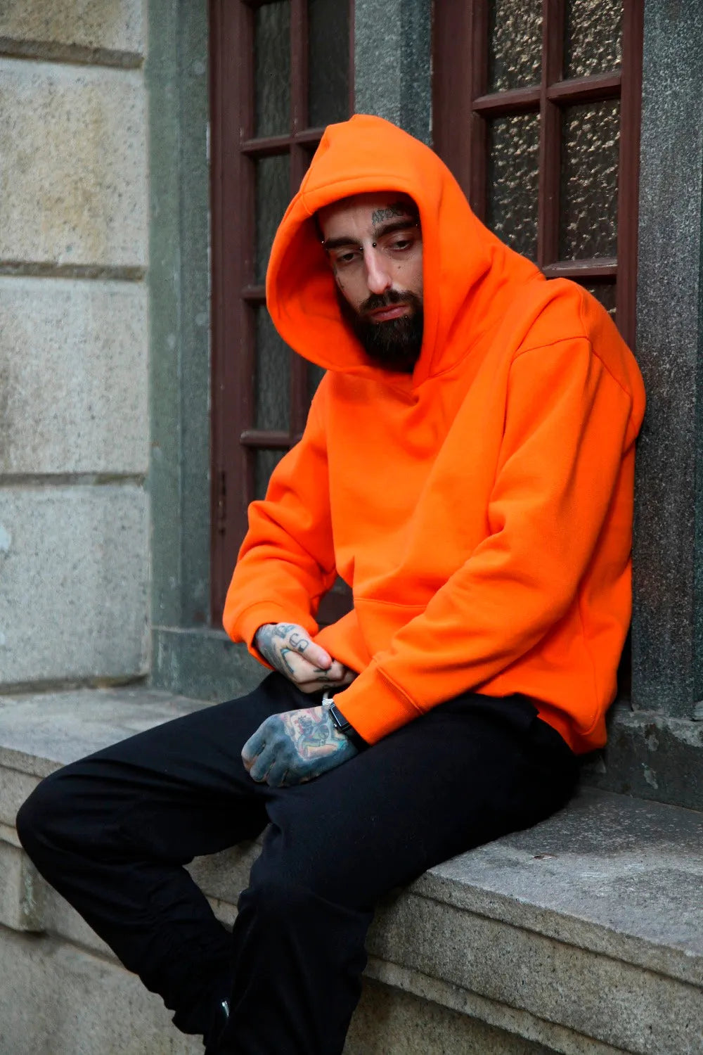Men's oversize cotton hooded sweater in khaki, front view, hip-hop style with regular sleeves and hood