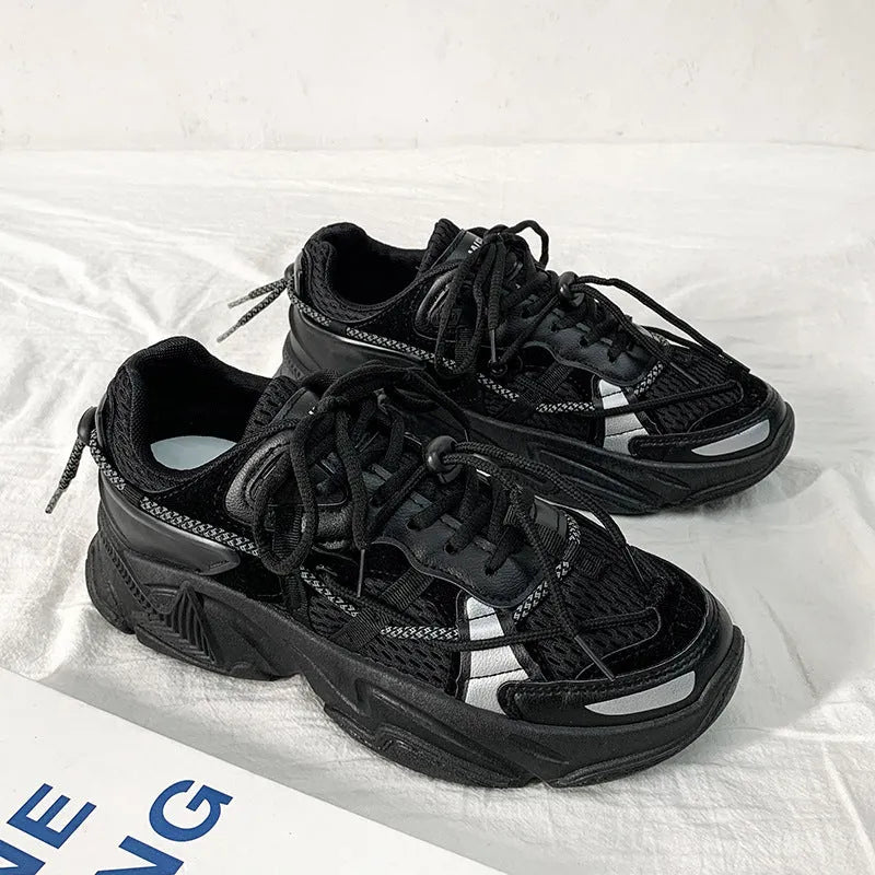 Men's Korean style white platform dad shoes with lace-up front and mesh lining.