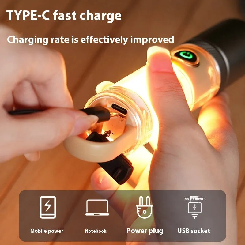 Orange or beige rechargeable flashlight with hook, keychain, and optical zoom on a 10W dual light source.
