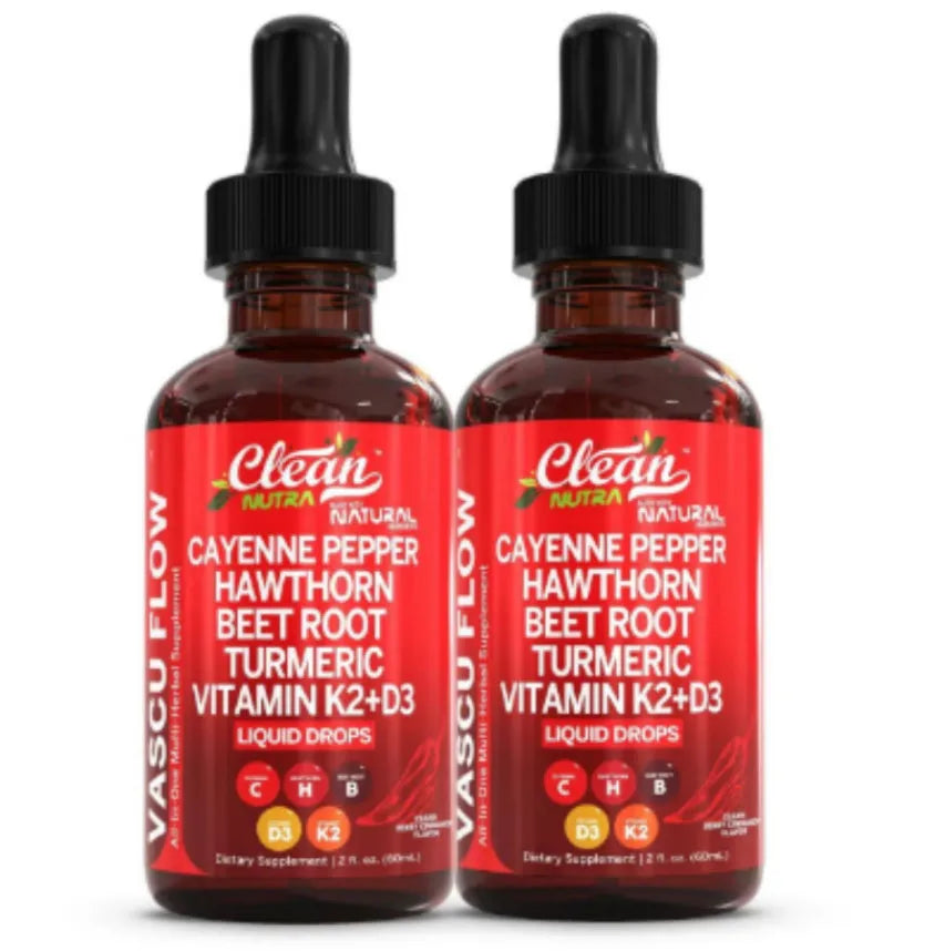 60ml bottle of Vitamin D3 and K2 liquid supplement drops with hawthorn fruit extract and a dropper.