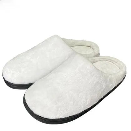 Pair of pattern printed flannel slippers with a TPR rubber sole for indoor wear.