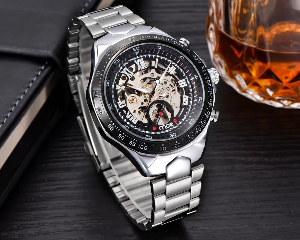MCE men's explosion-proof mechanical watch on wrist, showing clear dial and robust case.