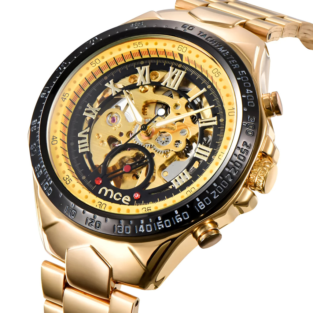 MCE men's explosion-proof mechanical watch on wrist, showing clear dial and robust case.