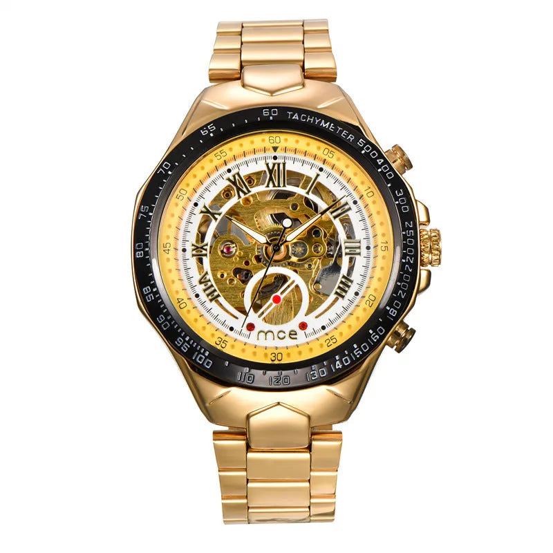 MCE men's explosion-proof mechanical watch on wrist, showing clear dial and robust case.