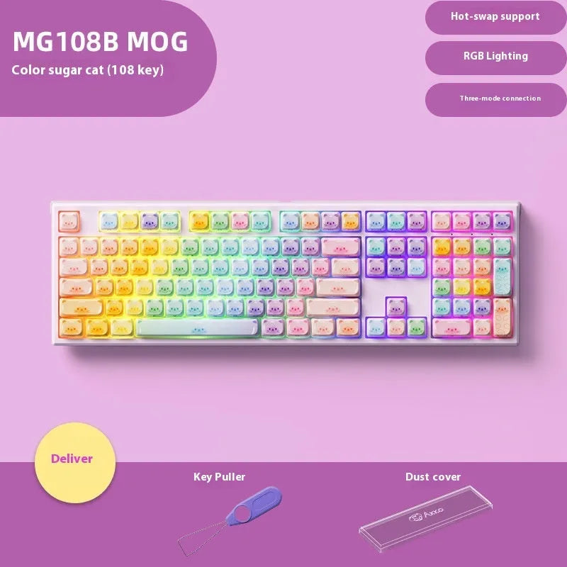 MG108B colour Sugar Cat mechanical keyboard with cat-themed keycaps and compact 108-key layout