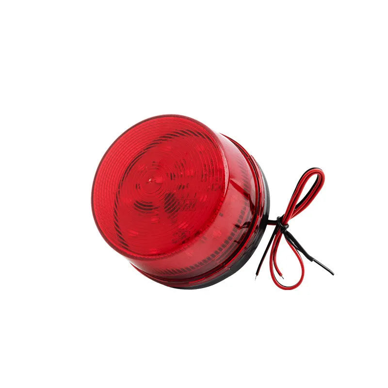 24V warning alarm light unit showing compact 73mm diameter design with LED strobe and audible alarm components