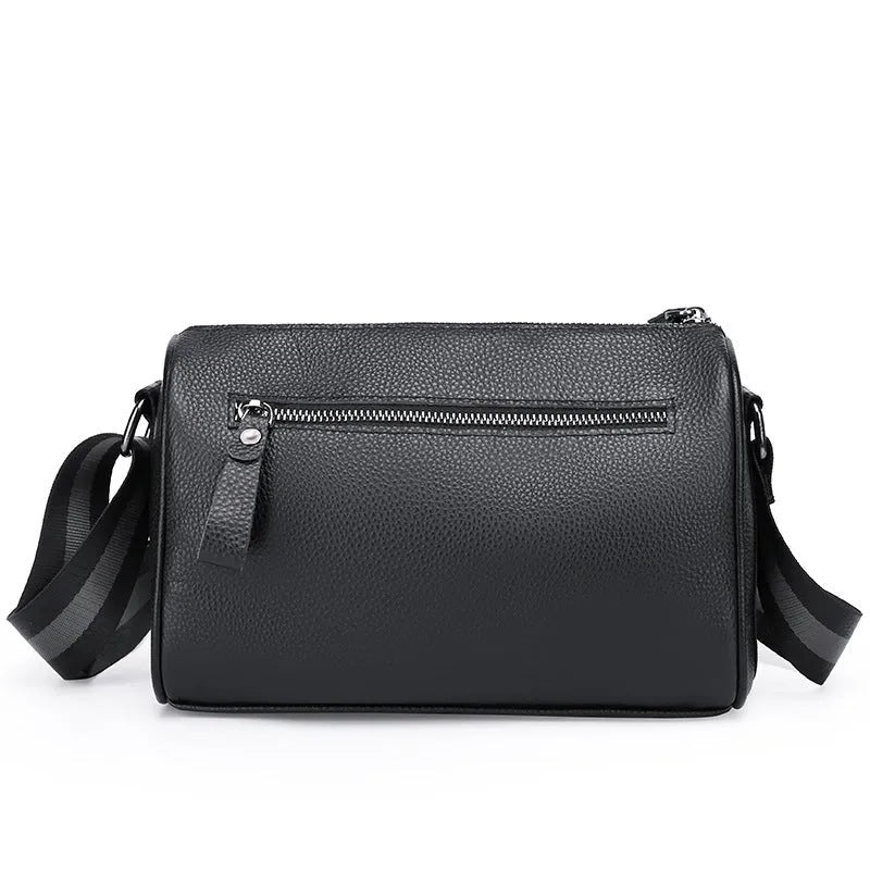 Black genuine leather one-shoulder crossbody bag with large capacity dimensions