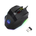 Black Redragon M801P wireless gaming mouse showing nine buttons and dual-mode connectivity options