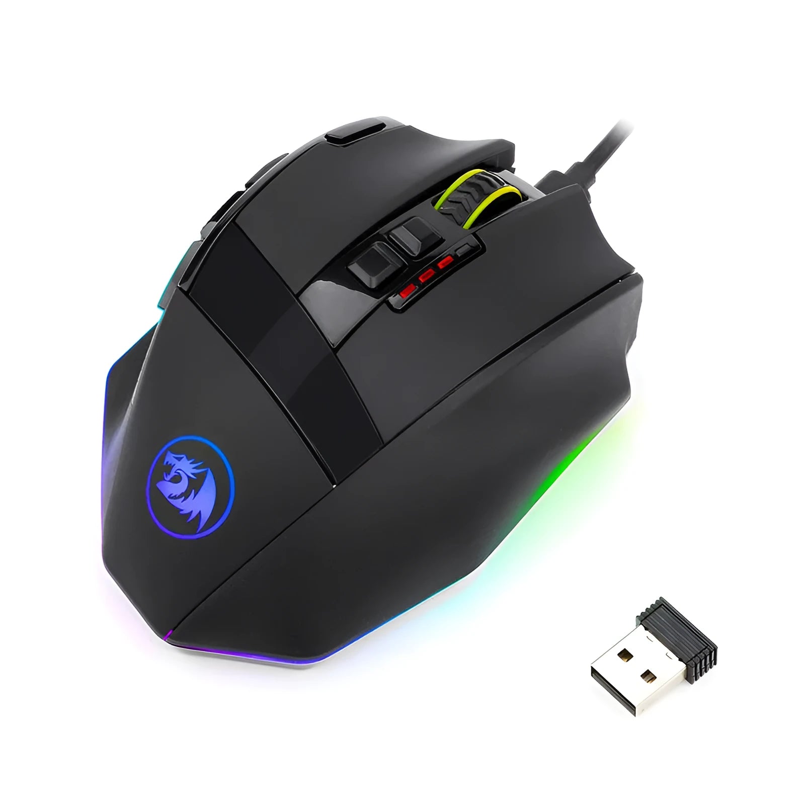 Black Redragon M801P wireless gaming mouse showing nine buttons and dual-mode connectivity options