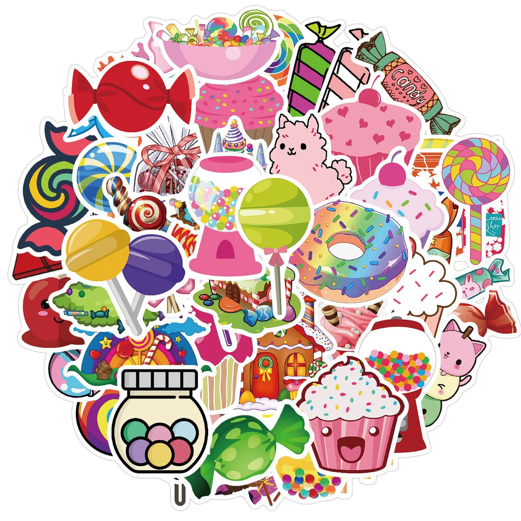 Candy series colourful graffiti cartoon stickers pack with 50 adhesive sheets in 4-6cm sizes