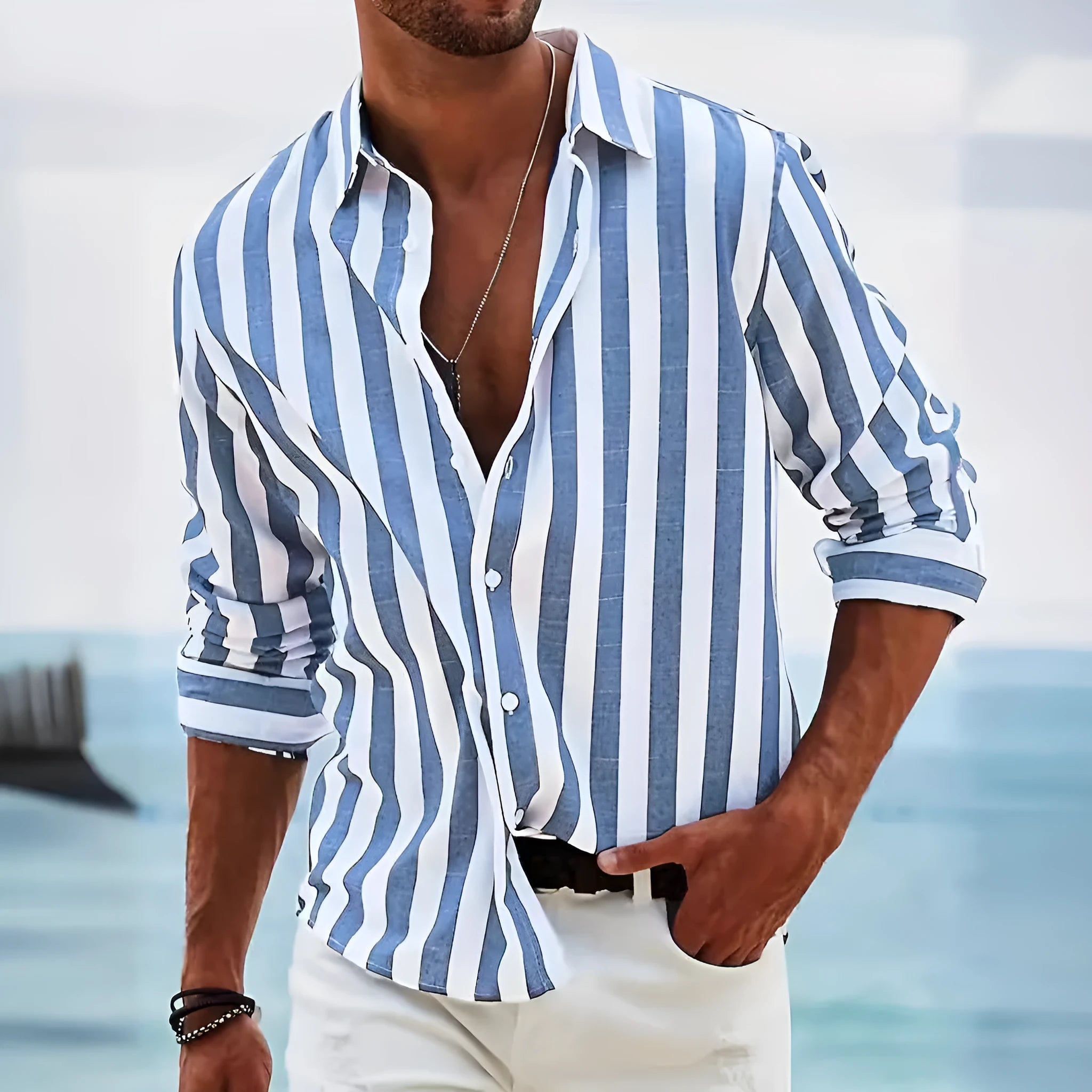 Men's loose-fit striped casual long-sleeved shirt in British cardigan style, shown in a selection of colours.